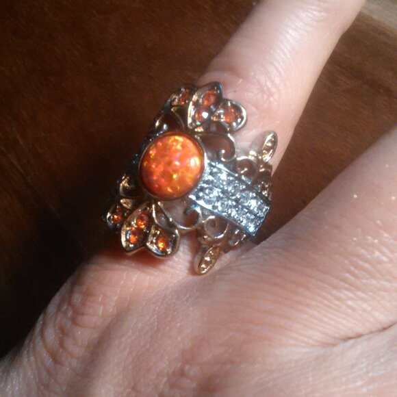 Simulated Opal and Orange and White Crystal Stainless Steel Ring (Size 6) - Picture 6 of 10